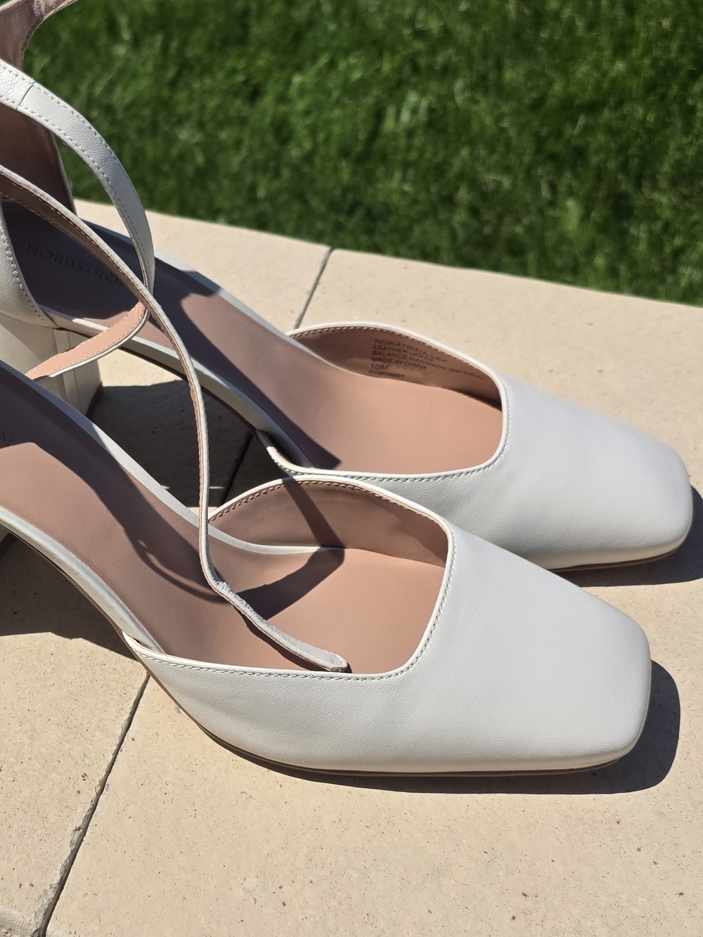 Square-Toe White Leather Heels with Ankle Strap